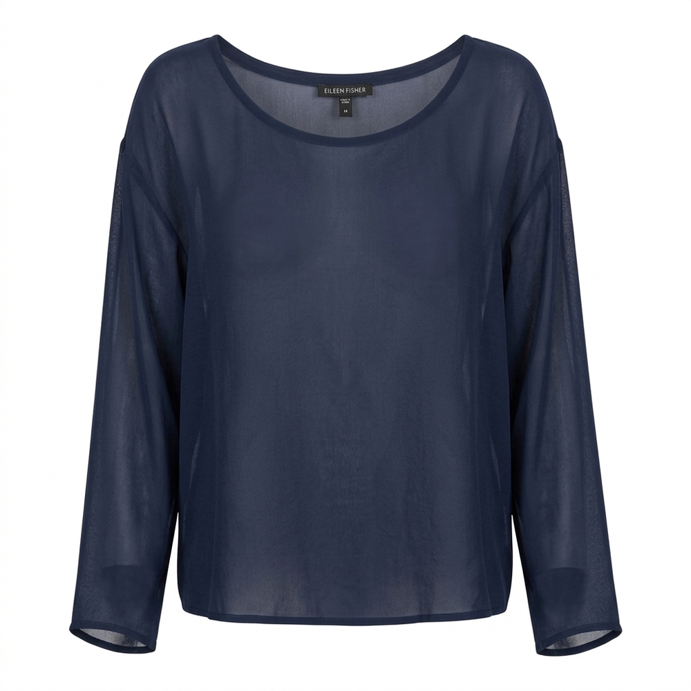 Eileen Fisher 100% Silk navy sheer blouse with scoop neckline, long sleeves, flo